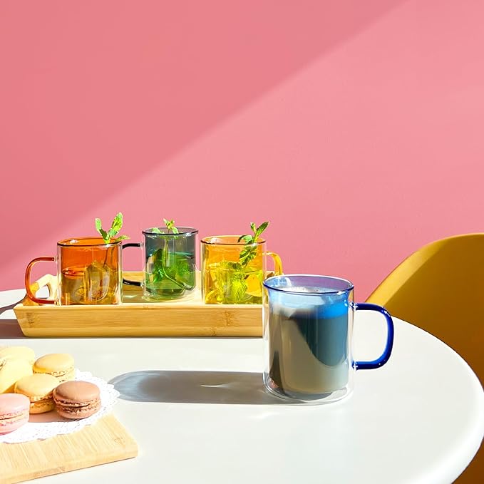 Cloudnola 12.85oz Double Wall Insulated Mugs, High Heat Borosilicate Glass, Set of 4, Multicolored Set, for Coffee, Latte, Tea, Cappucino, Hot Chocolate