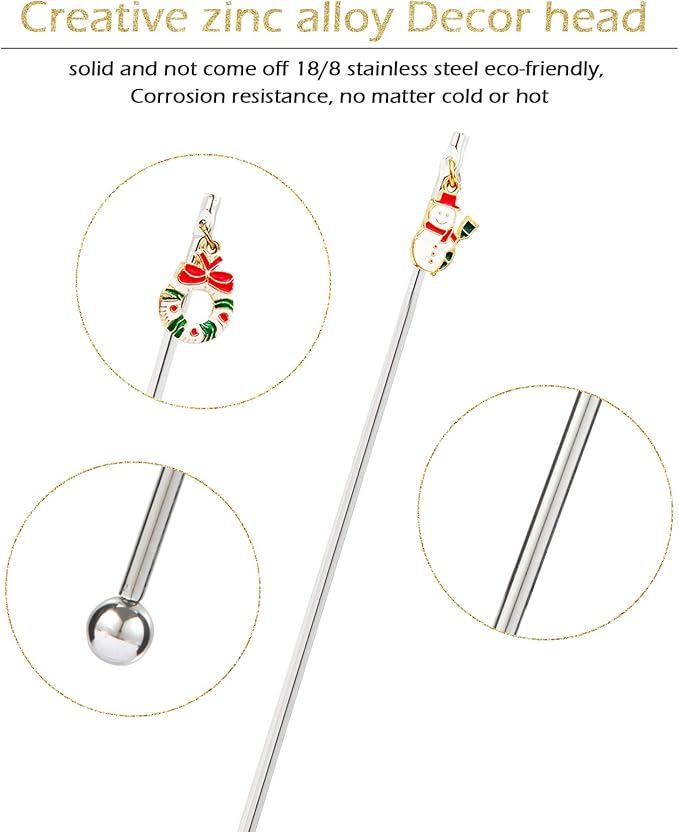 6Pcs Chrismas Charms Cocktail Stirrers Swizzle Sticks Stainless Steel 7.5" Coffee Beverage Stir Sticks for Mixing Cocktail, Hot Cocoa, Creamer