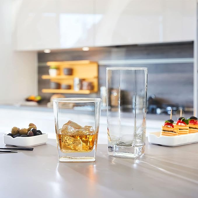 Collins Everyday Drinking Glasses Set of 16 Drinkware Kitchen Glasses for Cocktail, Iced Coffee, Beer, Ice Tea, Wine, Whiskey, Water, 8 Tall Highball Glass Cups & 8 Short Old Fashioned