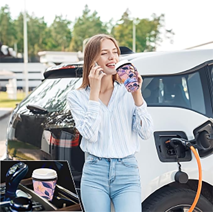 Reusable Iced Coffee Cup Sleeve Blue Flowers Leaves Neoprene Insulated Sleeves Cup Holder with handle Idea for 16oz - 18oz