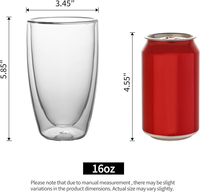 NIRA.Z 2 Pack 16oz Double Wall Glass Coffee Mugs, No Hole Bottom, Insulated Borosilicate Glass Coffee Cups, Clear Mugs for Hot & Cold Beverages, Perfect for Espresso, Latte, Tea, Cappuccino