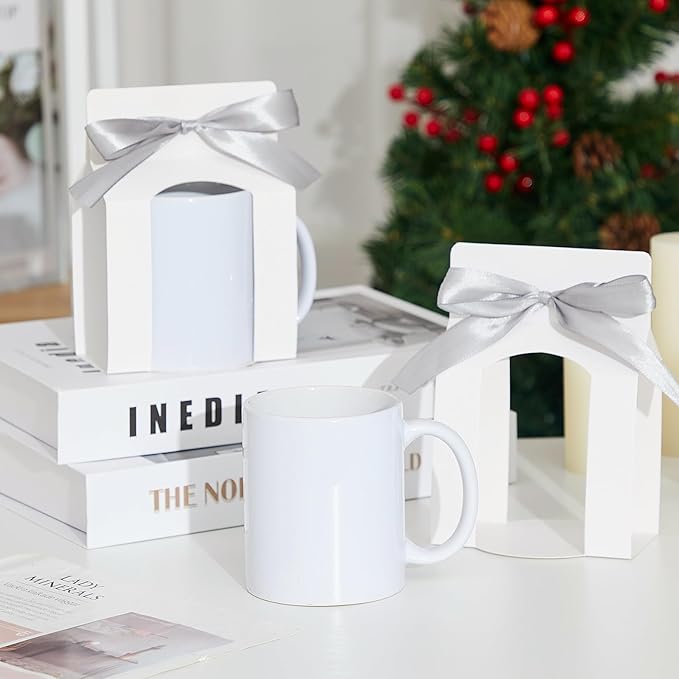 Kosiz 36 Pcs Mug Boxes Sublimation Coffee Mugs Gift Bags with Window Packaging Storage Box for Shipping Selling Wedding Valentines Gift Packaging Wrapping (for 11oz Mug,White,Silver)