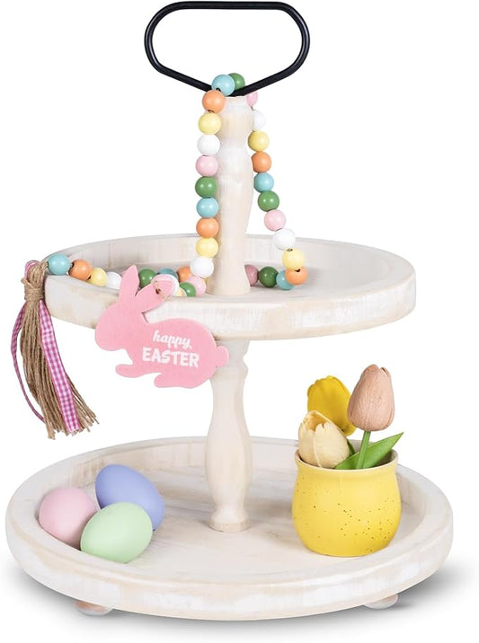 Mustry Rustic Wooden 2 Tiered Tray, Round Farmhouse Kitchen Table Decor Serving Tier Tray, Food Fruits Cupcake Display Coffee Bar Home Party Seasonal Decorations (White)