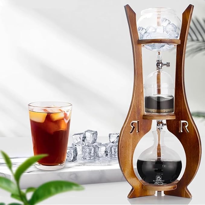Cold Brew Drip Tower - 600ml Ice Coffee Maker with Double Valve, Wooden Stand & Slow Drip Technology - Perfect for Home & Office Brewed Coffee Lovers