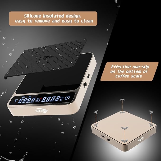 IKAPE Digital Coffee Scale, Premium Aluminium Espresso Scales with Timer, 2kg/0.1g High Precision Rechargeable Drip Espresso Scale with Tare Function, LED Display(Gold)