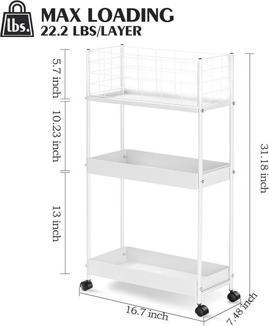 KINGRACK 3-Tier Rolling Utility Cart with Wheels, Metal Slim Storage Cart, Multifunctional Storage Organizer, Rolling Storage Cart for Kitchen, Office, Bathroom, Narrow Place, White