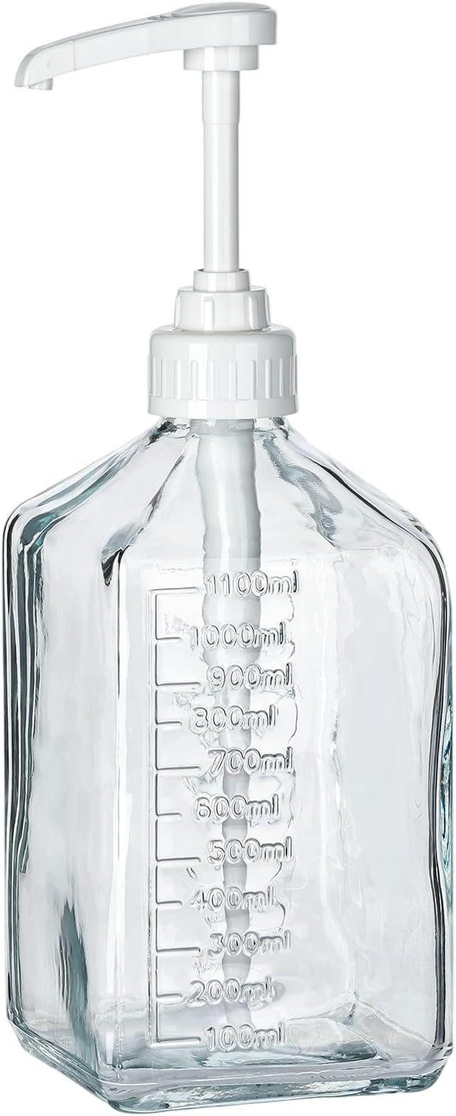 Uceoo Coffee Syrup Dispenser, Glass Syrup Bottle With Plastic Pump, 37 Oz Large Capacity Square Syrup Pump Dispensers for Coffee Bar, Simple Clear Pump Bottle for Honey, Condiments, Salad Dressings