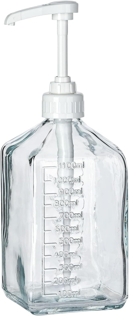 Uceoo Coffee Syrup Dispenser, Glass Syrup Bottle With Plastic Pump, 37 Oz Large Capacity Square Syrup Pump Dispensers for Coffee Bar, Simple Clear Pump Bottle for Honey, Condiments, Salad Dressings