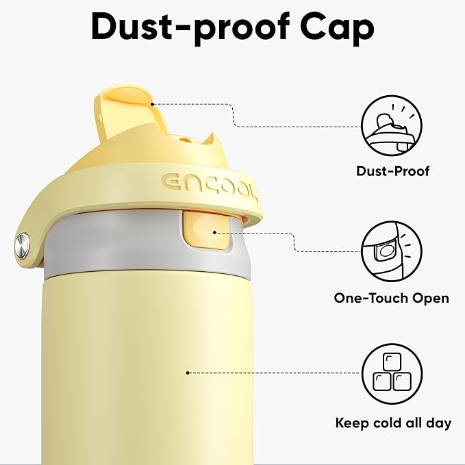 ENCOOL Leakproof Insulated Water Bottle with Straw Dual-Sip Water Bottle Bag-Safe Design for Work, Commute & Gym – Keeps Drinks Cold All Day, 24 oz, Butter Yellow