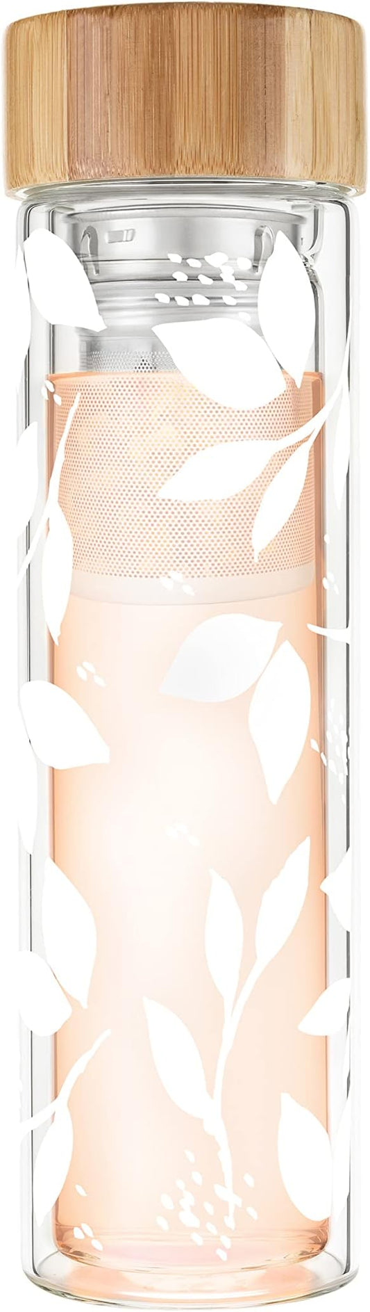Pinky Up Blair Travel Tea Infuser Mug, Double Walled Insulated Travel Tumbler with Loose Leaf Tea Strainer, Travel Coffee Mug, Keeps Drinks Hot or Cold, 16 oz, White Leaf