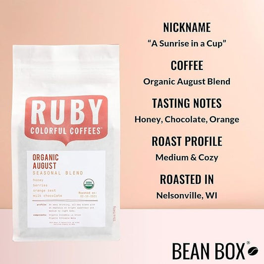 Organic August Blend - Roasted by Ruby Coffee Roasters - Whole Bean Coffee - 8 Ounce Bag