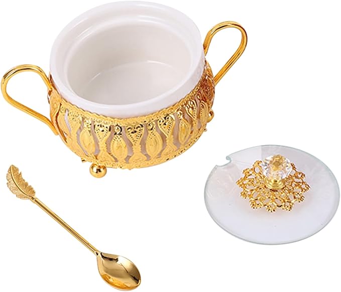 Flylin Sugar Bowl, Turkish Sugar Bowl with Lid and Spoon for for Candy Cookie Honey, Golden Vintage Glass Seasoning Jar for Home and Kitchen Coffee Bar