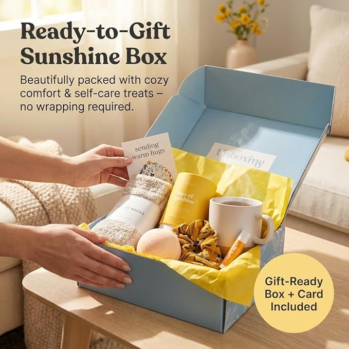 Unboxme Sunshine Gift For Women | Self Care Package with Herbal Tea, Mug, Bath Bomb, Candle, Fluffy Socks, Lip Balm, Sheet Mask, Scrunchie & Happy Birthday Card