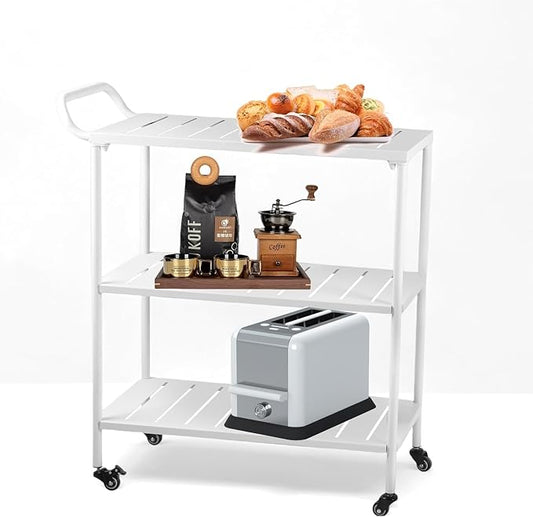 Modern Kitchen Bar Cart on Wheels Metal Rolling Serving Carts with 3 Tier for Storage Mobile Kitchen Island with Lockable Casters and Side Handle for Outdoor& Indoor -33.5 * 15.7 * 37.2inch(L*W*H)