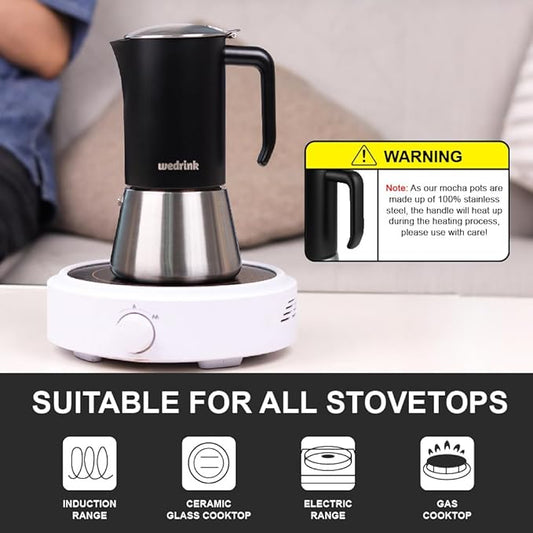 wedrink Stovetop Espresso Maker 4 Espresso Cups Stainless Steel Moka Pot for Greca, Induction, Electric & Gas Stoves(6.5 OZ/200ml)