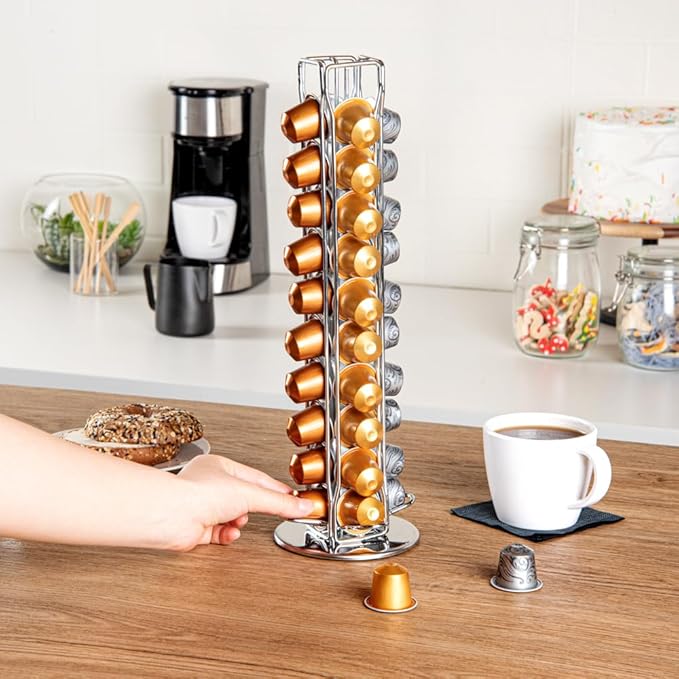 Restaurantware Restpresso 4.5 x 14.6 Inch Coffee Capsule Holder 1 Durable Pod Carousel - Holds 40 Nespresso Capsules 360-Degree Rotatable Iron Espresso Pod Organizer Pods Not Included