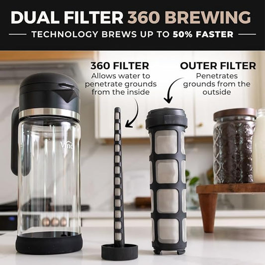 VINCI Cold Brew 360, Glass Cold Brew Coffee Maker Featuring Patented Dual Filter 360 Brewing Technology, Cold Brew for Iced Coffee (2.0 Liter / 68 FL.OZ)