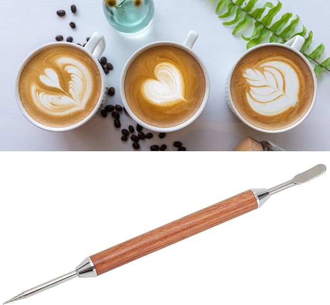 Pwshymi Coffee Latte Needle, Stainless Steel Latte Art Pen with Wood Handle, for DIY Coffee Decorating and Milk Froth Picking