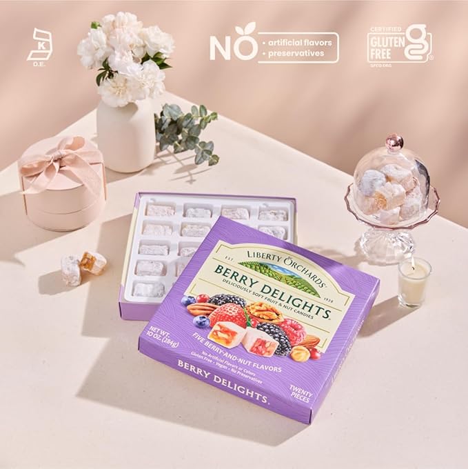 Liberty Orchards, Berry Delights - Assorted Vegan Berry Snack, Gluten Free, Lokum Nuts Strawberry, Blueberry Walnut Turkish Delight Candy Gift Box 10 Oz