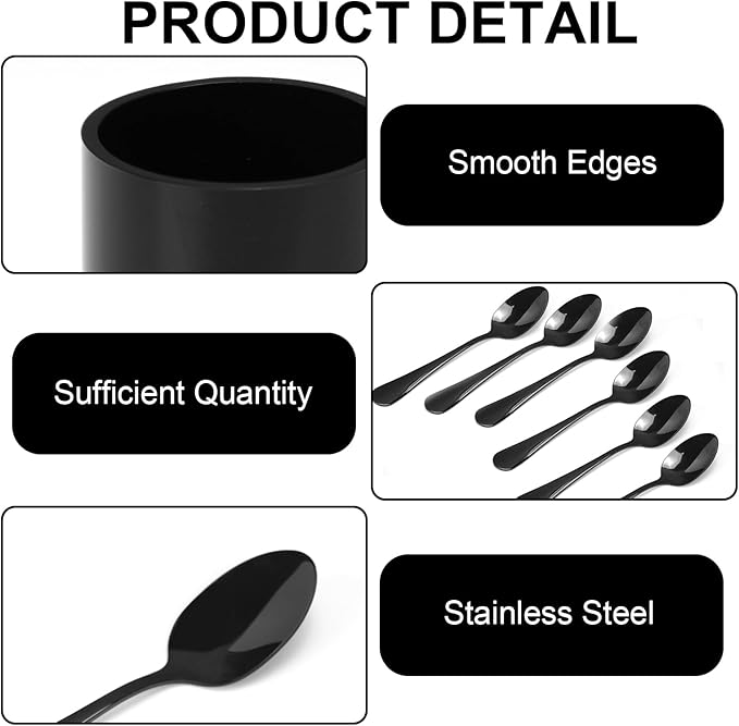 12 PCS Black Coffee Spoons with Holder 4.92 Inch Mini Coffee Spoons Small Espresso Coffee SpoonsBlack Dessert Spoons Stainless Steel Tea Spoons Set of 12 for Tea Party Coffee Bar