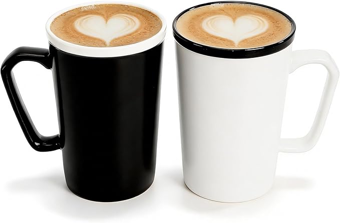 ZENFUN 2 Pc Ceramic Mugs Set for Couple, Coffee Mugs with Gift Box, Engagement Wedding Gift His and Hers, 13 oz Porcelain Mug Set with Lid and Gold Spoon(Black&White)