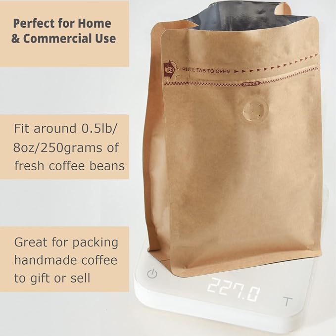 100 Count 0.5 lb Kraft Paper Coffee Bags - High Barrier Kraft & Foil Liner - Flat Bottom Coffee Pouches with Degassing Valve, Food Storage Bags with Rsealable Zipper & Easy Open Tape (100, 8oz/½lb)