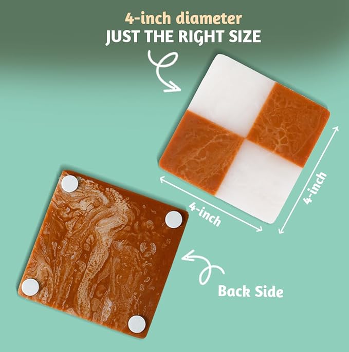 Folkulture Checkered Rust Resin Coasters Set of 4 | Waterproof Drink Coasters for Coffee Table & Bar | Rustic Boho Home Décor | Housewarming & Valentine Gifts