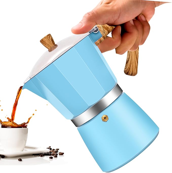 Vaolvpant 3 Cup Aluminum Moka Pot Classic Stovetop Espresso Coffee Maker 150ml 5oz Coffeemaker Percolator Mocha Pot Greca Coffee Maker Cafe Makers for Italian and Cuban Café Brewing Blue