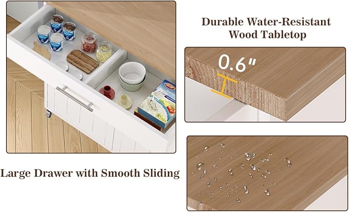 Kitchen Storage Island, Wooden Rolling Kitchen Island On Wheels with Countertop, Mobile Kitchen Island Cart with Towel Rack, Spice Rack and Drawers, White