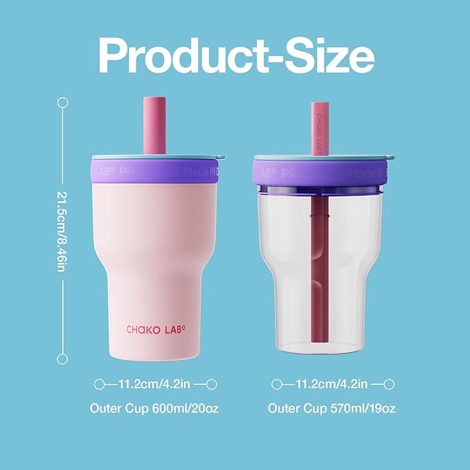 CHAKO LAB Insulated Stainless Steel Water Bottle | Dual-layer tumbler with Glass Linner and Stainsteel Linner | BPA-Free Leak Proof Thermos | 20oz Bottle with Two Straw | Pink & Purple