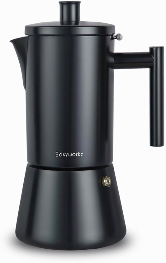 Easyworkz Diego Stovetop Espresso Maker Stainless Steel Italian Coffee Machine Maker 6Cup 10 oz Moka Pot Induction Espresso Pot - Matte Black