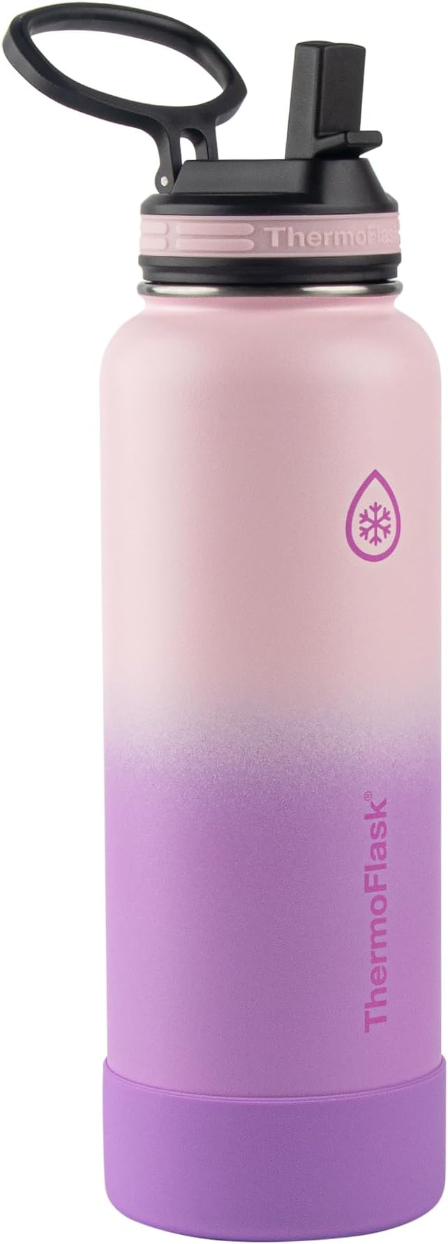 ThermoFlask Stainless Steel Water Bottles 2-Pack - Double-Wall Vacuum Insulated 40 oz BPA-Free Spout Lids - Keeps Drinks Cold 24 Hrs, Hot 12 Hrs - Leakproof, Dishwasher Safe, Black/Rose Purple