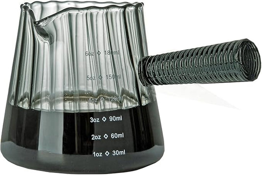 FANTESTICRYAN 6OZ Measuring Cup, Ribbed Borosilicate Glass Espresso Cup, V-Shaped Spout Drain Espresso Double Shots, Coffee Milk Tea Accessories (Dark Gray, Glass Handle)