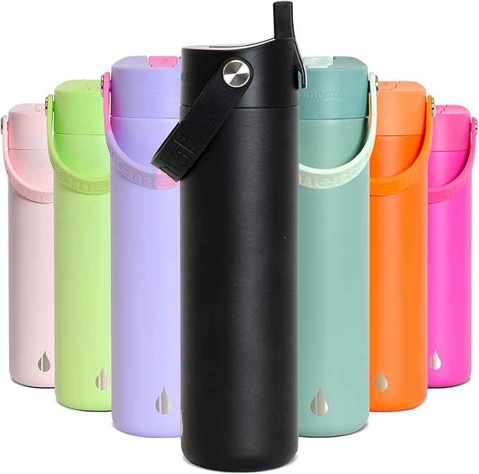 Elemental 24oz Insulated Water Bottle with Straw - 100% Leak-Proof Stainless Steel Core Water Bottles for Travel, Sports and Gym - Double Wall Insulation & BPA Free - Black
