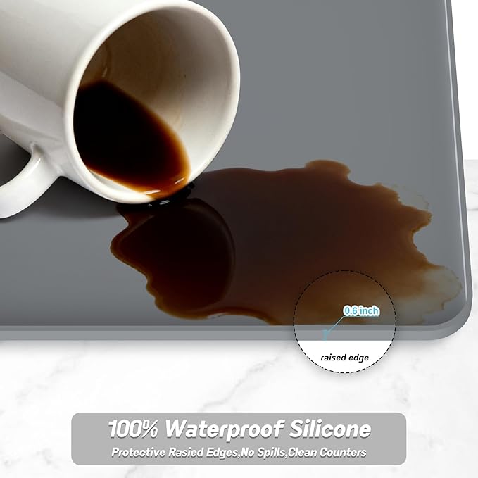Garolue Silicone Coffee Mat,16"×16" Waterproof Heat Resistant Bar Mat for Espresso Machine Station Accessories,Non Slip Dish Drying Mat for Kitchen Counter,Home Decor Essentials,Grey