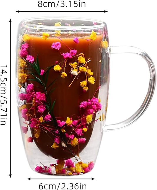 Creative Flowers Double Wall Clear Glass Coffee Mug with Handle, Aesthetic Dried Flowers Coffee Mug, Clear Double Insulated Glass Cup for Hot and Cold Beverages, Cappuccino, (D)