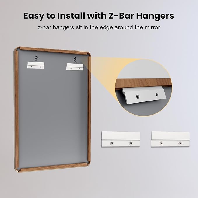 LOAAO 55X36 Inch Bathroom Mirror with Wood Grain Colored Metal Frame, Rounded Rectangle Metal Framed Bathroom Mirror, Anti-Rust, Hangs Horizontally or Vertically, Tempered Glass