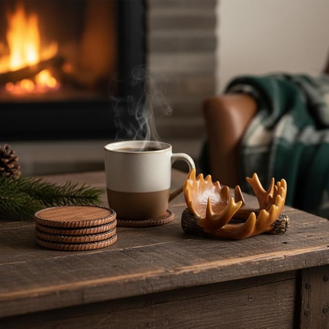 Deer Antler Coasters Set 6 Full Size Non-Slip Cabin Decor Bar Coasters, Indoor Christmas Decorations, Man Cave Gifts for Men and Deer Lovers, Rustic Handmade Cup Coaster for The Home