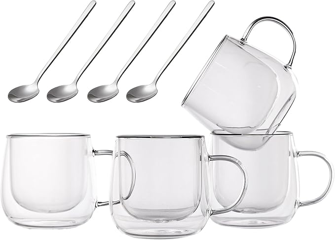 Double Wall Insulated Latte Glasses 10oz with Handle - Set of 4, Clear Glass Mugs for Cappuccino, Espresso, Tea & Hot Drinks