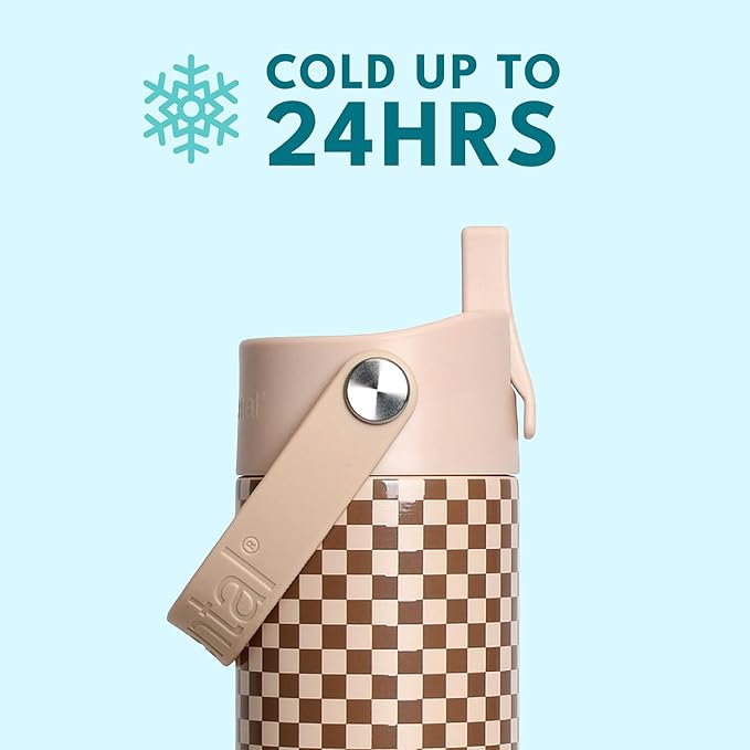 Elemental 24oz Insulated Water Bottle with Straw - 100% Leak-Proof Stainless Steel Core Water Bottles for Travel, Sports and Gym - Double Wall Insulation & BPA Free - Brown Check