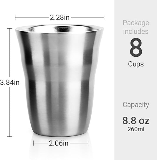 Beasea Stainless Steel Cups 8.8 oz, 8 Pack Small Stainless Steel Tumbler Bulk Stackable Insulated Mini Cups for Drinking Double Wall Metal Glasses Tin Cups for Office Home Party Camping