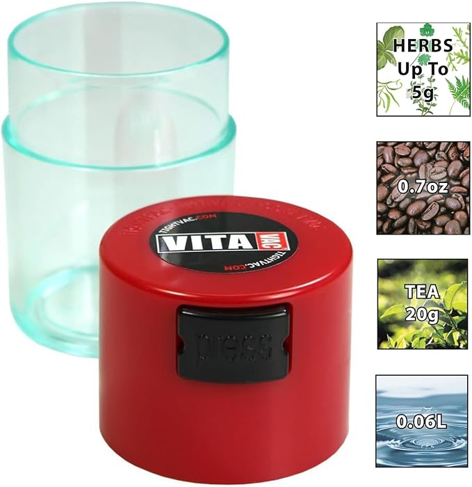 Vitavac - 5g to 20 grams Airtight Multi-Use Vacuum Seal Portable Storage Container for Dry Goods, Food, and Herbs - Red Clear