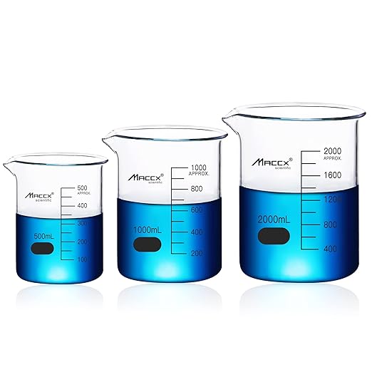 Sturdy Glass Beakers, 3 Sizes of 500ml 1000ml 2000ml,3.3 Borosilicate Griffin Low Form with Printed Graduation, BKLS05-003