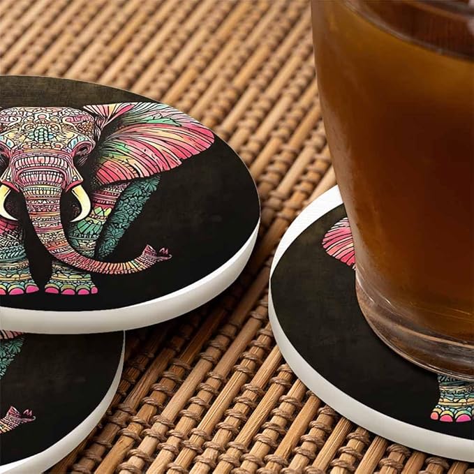 Tribal Elephant Table Coasters for Drinks Vintage Boho Colourful African Animal Isolate Portrait 100% Diatomite Home and Dining Room Bar Decor 4 X 4 X 0.35 Inch for Men Women