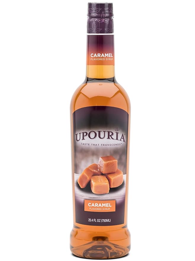 Upouria Caramel Coffee Syrup Flavoring, 100% Vegan, Gluten-Free, Kosher, 750ml bottle (Pack of 2) with Coffee Syrup Pump