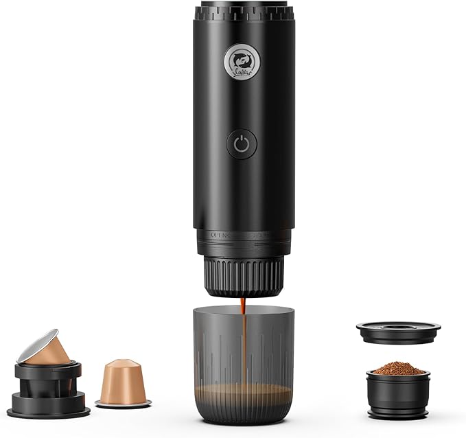 Portable Espresso Maker with Self Heating, 19 Bar Electric Travel Coffee Maker for Camping&Car, 2-in-1 Mini Espresso Machine Compatible with Nespresso Capsules & Ground Coffee, 7800mAh Battery, Black