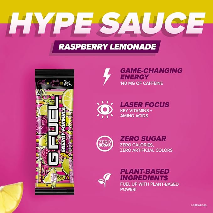G Fuel Hype Sauce Energy Powder Packets, Sugar Free, Clean Caffeine Focus Supplement, Water Mix, Raspberry + Lemonade Flavor, Focus Amino, Vitamin + Antioxidants Blend - 6 Stick Pack, 0.25 oz