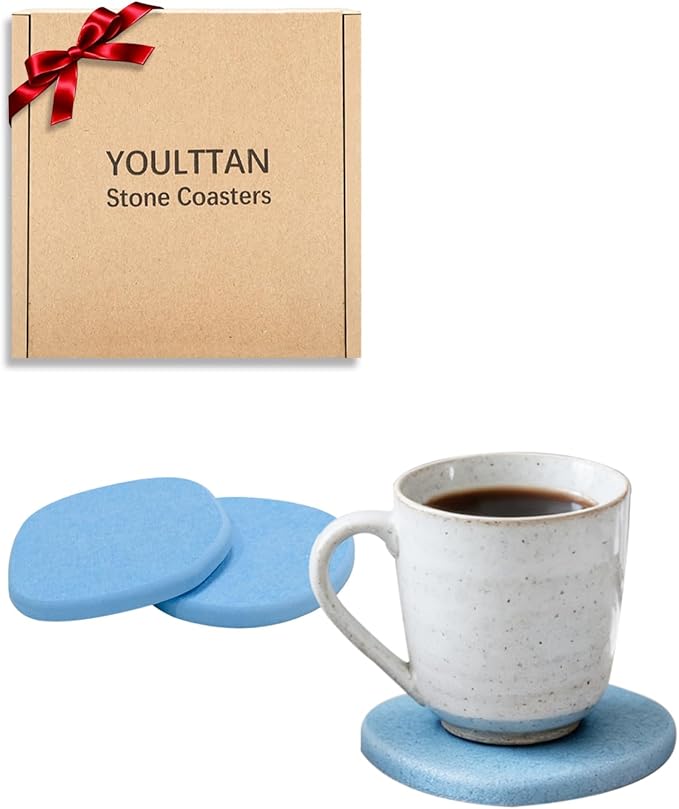 Diatomaceous Earth Coasters,3.9"x3.9", Quick-Dry, Absorbent, Heat-Resistant, Modern Stone Design, Dark Gray, Irregular Shape (2, Blue)
