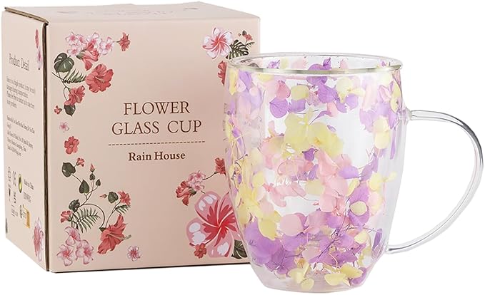 Double Glass Flower Tea Cup, Aesthetic Preserved Flower Cup, Cute Insulated Tea Cup with Handle, Heat Resistant & Lead-free Coffee Mugs, Gifts for Birthday Mother's Day, Perfect for Women Wife Mom (F)