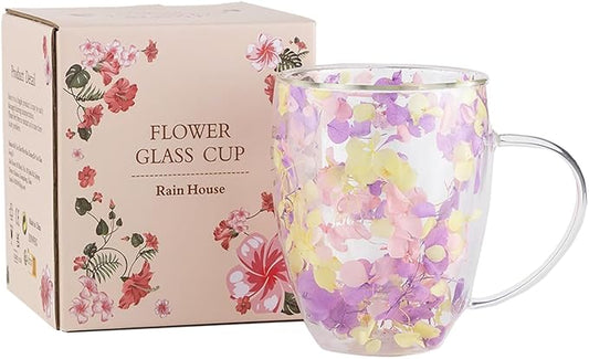 Double Glass Flower Tea Cup, Aesthetic Preserved Flower Cup, Cute Insulated Tea Cup with Handle, Heat Resistant & Lead-free Coffee Mugs, Gifts for Birthday Mother's Day, Perfect for Women Wife Mom (F)